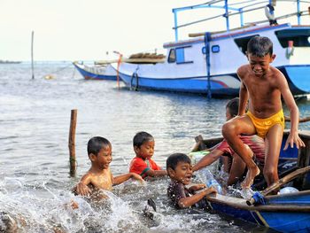 High angle view of people on boat