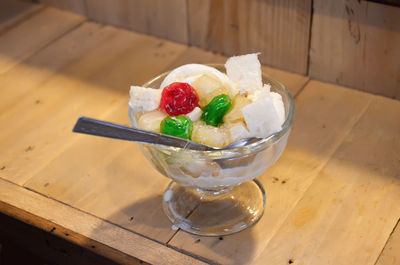 Close-up of ice cream on table