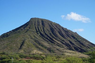 Low angle view of mountain against clear blue sky