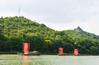 Scenic view of lake by trees against sky