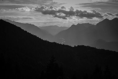 Scenic view of silhouette mountains against sky