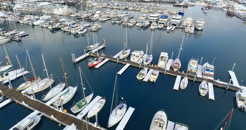 High angle view of sailboats moored in harbor