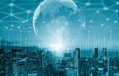 Digital composite image of illuminated city at night