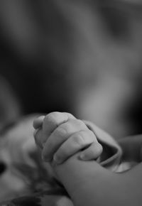 Close-up of baby holding parent finger