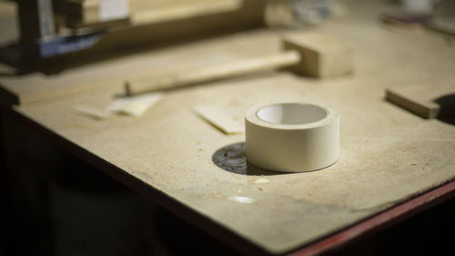 High angle view of man working at workshop