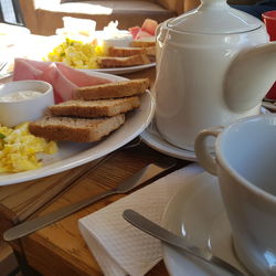 High angle view of breakfast served on table