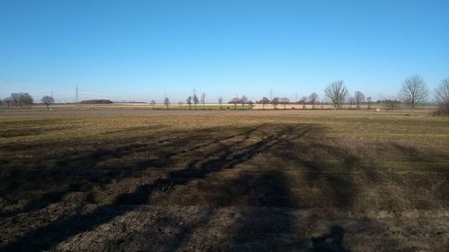 Scenic view of field against clear blue sky