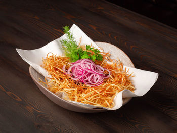 High angle view of food in plate on table