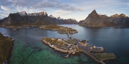 Panoramic view of the mountains and islands around lofoten