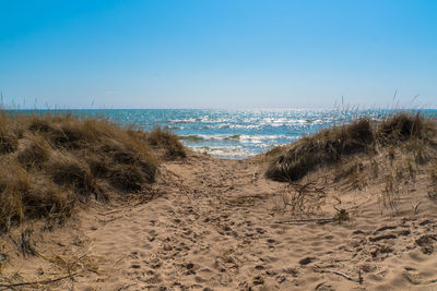 Scenic view of beach against clear blue sky