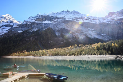 Scenic view of lake by snowcapped mountains against sky