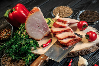 High angle view of vegetables on cutting board