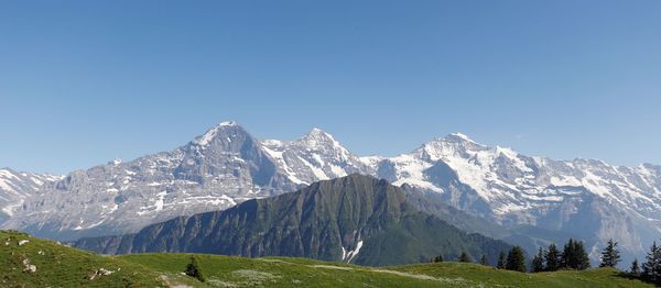 Scenic view of snowcapped mountains against clear sky