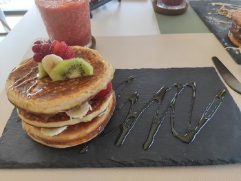 High angle view of dessert in plate on table