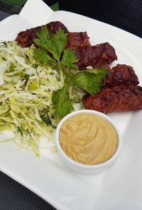 High angle view of meal served on table