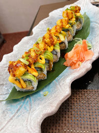 Close-up of sushi served in plate