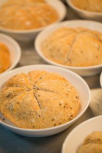 High angle view of bread in plate on table