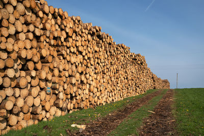 Stack of logs on field against sky