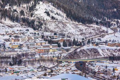 High angle view of buildings in city during winter