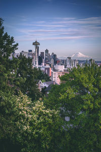 High angle view of trees and buildings against sky