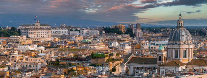 High angle view of townscape against sky during sunset