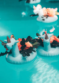 High angle view of cake floating on water at swimming pool