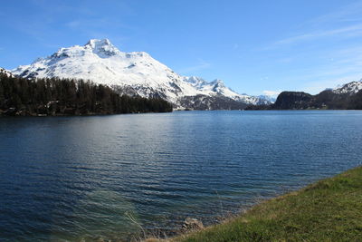 Scenic view of lake and snowcapped mountains against sky