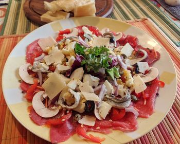 High angle view of food served in plate