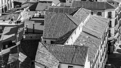 High angle view of residential buildings in city