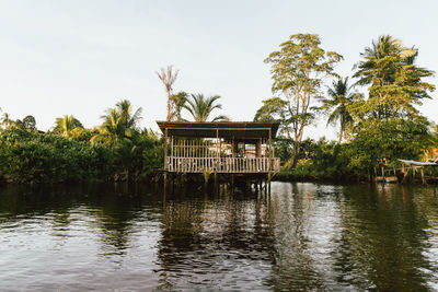 Gazebo by palm trees against sky