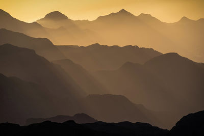 Scenic view of mountains against sky during sunset