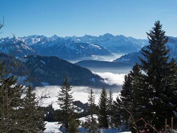 Scenic view of mountains against clear sky