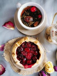 High angle view of strawberries in bowl