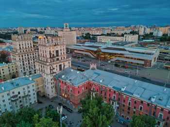 High angle view of street amidst buildings in city