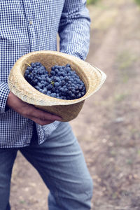 Midsection of farmer holding grapes in hat while standing at vineyard