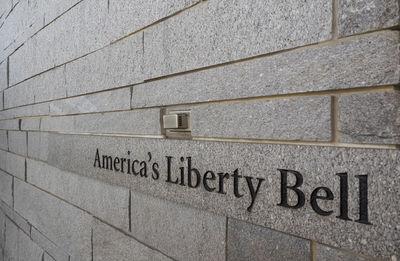 Close-up of text on brick wall