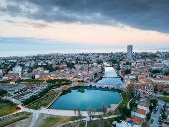 High angle view of cityscape against sky