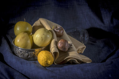 High angle view of fruits in bowl on table