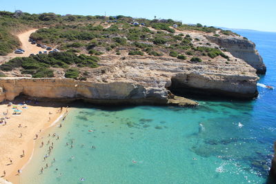 High angle view of rock formations in sea