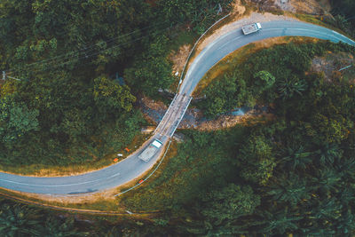 High angle view of road amidst trees in forest