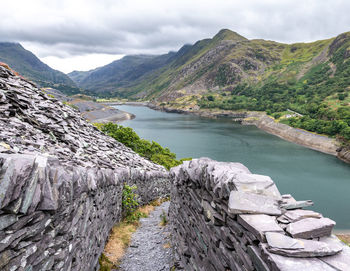 Scenic view of river amidst mountains against sky