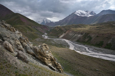 Scenic view of mountains against cloudy sky