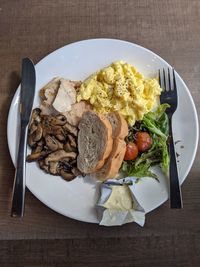 High angle view of breakfast served on table