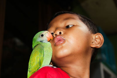 Close-up of boy with parrot on shoulder