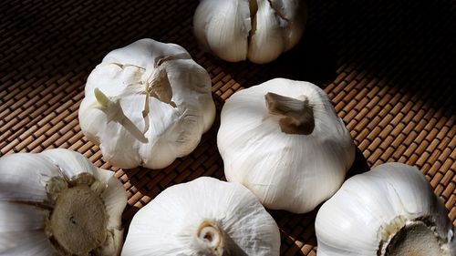 High angle view of white garlic