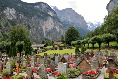 View of cemetery against mountain