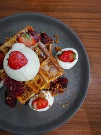 High angle view of breakfast served on table