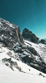 Scenic view of snowcapped mountains against clear blue sky