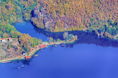 High angle view of lake and trees during autumn