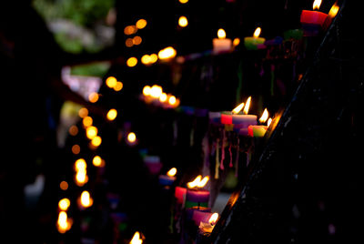 Defocused image of illuminated candles at night